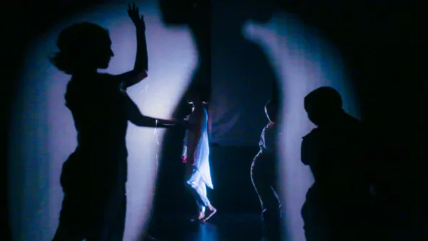 Dancers shadows, sihouettes, and live bodies are juxtaposed around light and a semi transparent scrim 